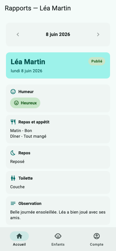 Rapport quotidien publié dans MonGardy — vue parent